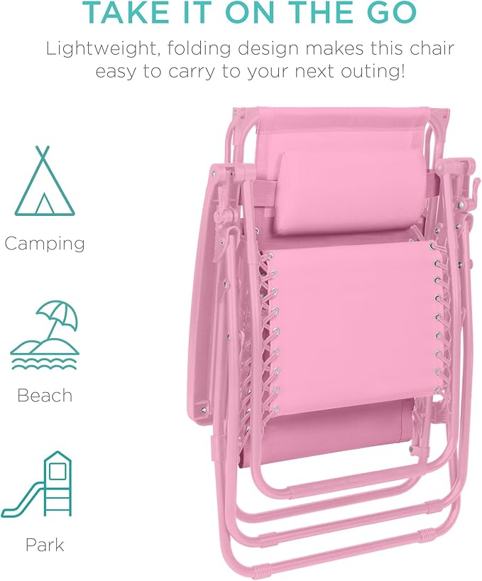 Best Choice Products Folding Zero Gravity Outdoor Recliner Patio Lounge Chair w/Adjustable Canopy Shade, Headrest, Side Accessory Tray, Textilene Mesh - Carnation - Image 7