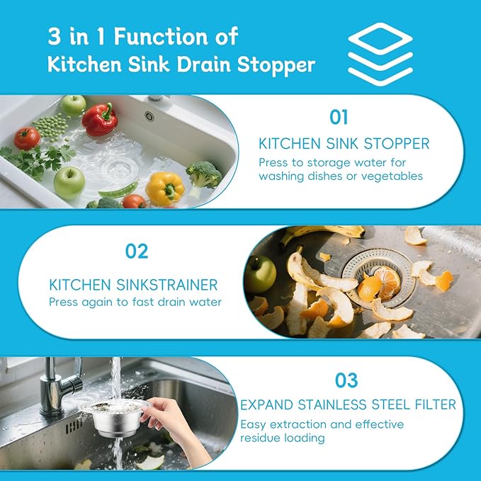 3 in 1 Kitchen Sink Drain Strainer, Upgraded Pop Up Kitchen Sink Stopper - Image 5