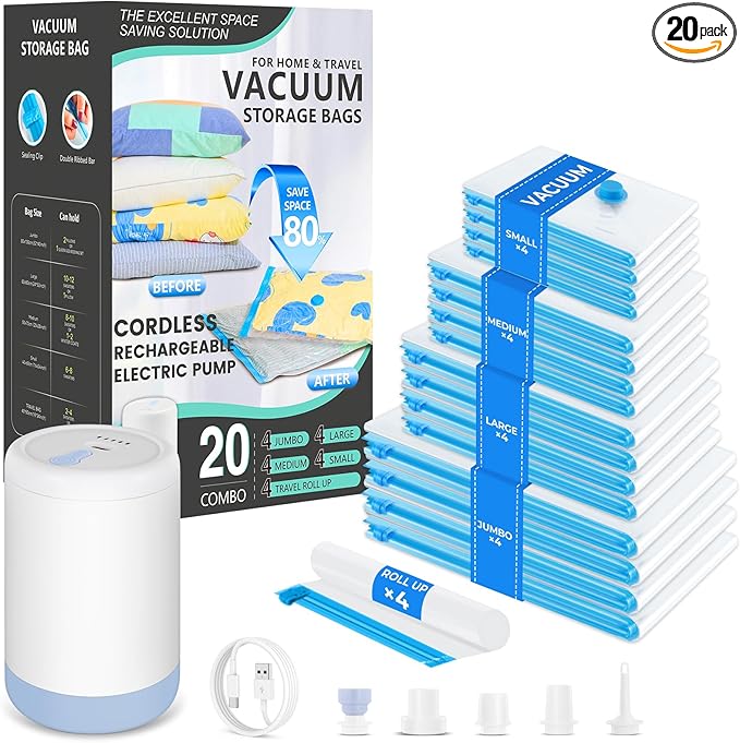 Travel Vacuum Bags with Rechargeable Cordless Pump, 20 Pack Vacuum Seal Bags by Unknown