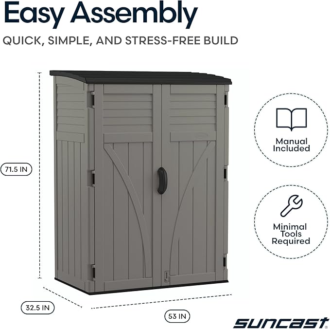 Suncast Outdoor Storage Cabinet Waterproof Resin Vertical Outdoor Storage Shed (54 cu. ft.) for Patio, Garden Tools, Cushions, & Equipment. Weatherproof Plastic Multi-Wall Design, Capacity Made in USA - Image 11