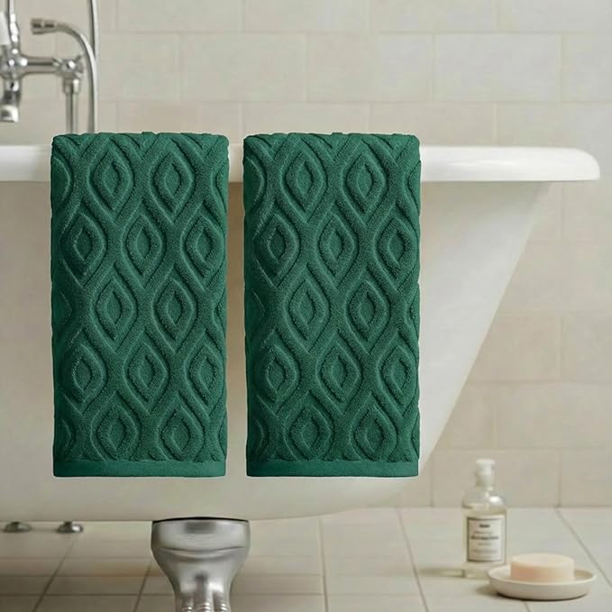 Artoid Mode 2 Pcs Dark Green 3D Diamond Grid Jacquard Hand Towels - Image 4