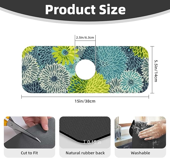 Kitchen Faucet Mat 15 x 5.5 Inch Abstract retro flower Faucet Draining Mat - Image 3