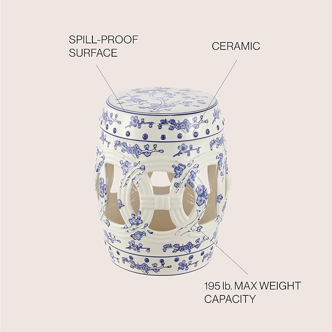 JONATHAN Y TBL1027A Lucky Coins 16" Chinese Ceramic Drum Indoor/Outdoor Garden Stool Bohemian, Coastal, Classic, Cottage, French Country, Patio, Garden Room, Bathroom, Living Room, Blue/White - Image 5