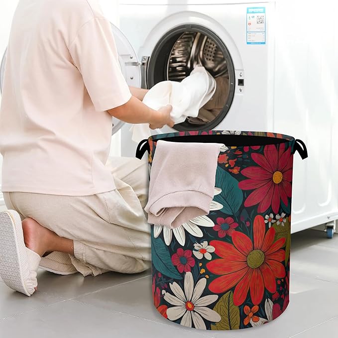 Retro Red Daisy Flowers Laundry Hamper, Dirty Clothes Laundry Basket - Image 7