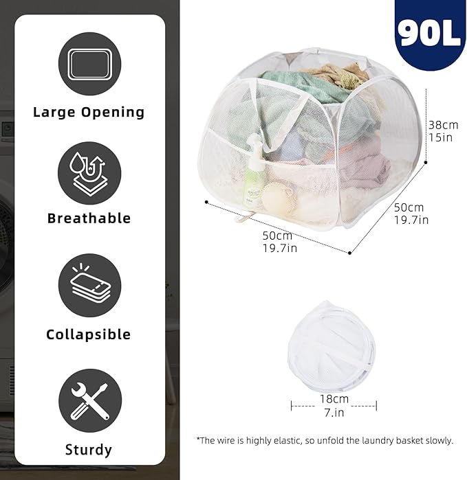 Collapsible Laundry Basket 90L, Foldable Mesh Pop-up Laundry Hamper - Image 2