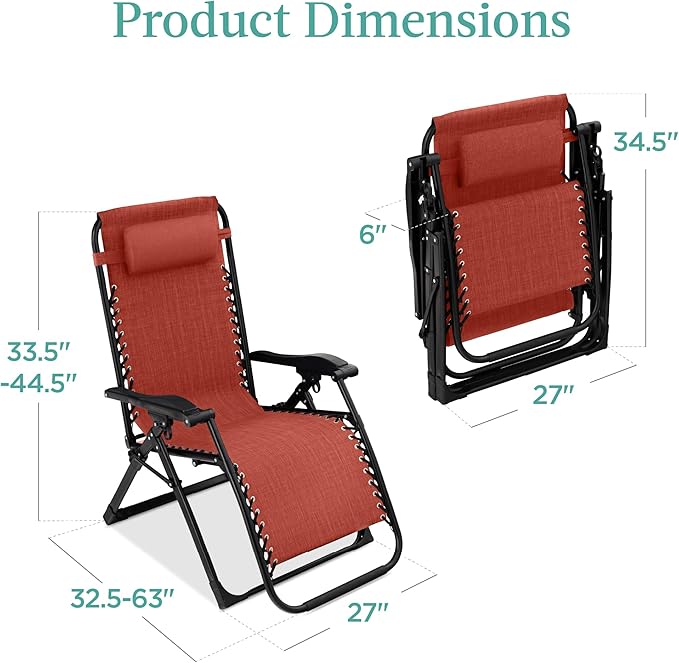 Best Choice Products Oversized Zero Gravity Chair, Folding Outdoor Patio Recliner, XL Anti Gravity Lounger w/Removable Cushion, Cup Holder, Side Tray, 350lb Capacity - Burnt Orange - Image 2