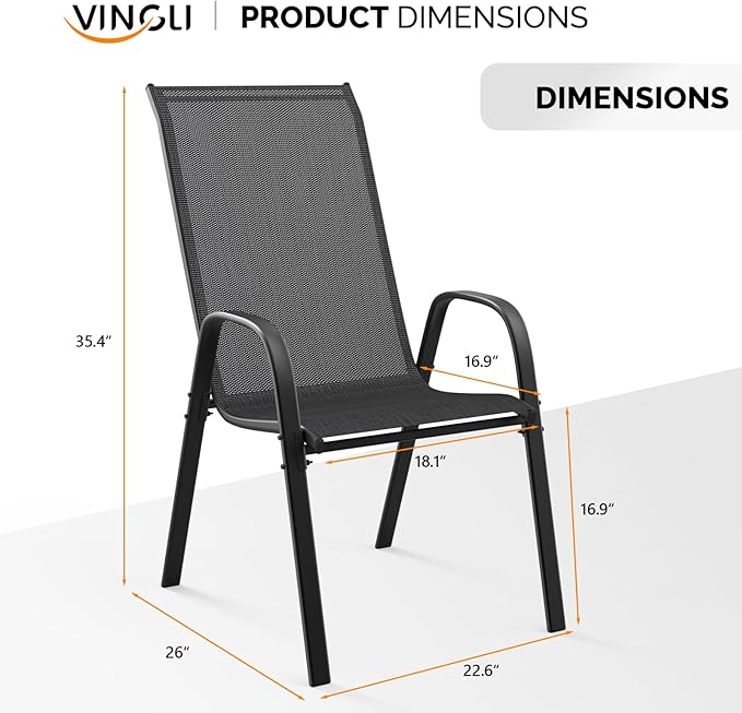 VINGLI Patio Chairs Set of 8 – Stackable Outdoor Dining Chairs with Comfortable Sling High Back Chairs and Armrests for Lawn, Poolside, Courtyard, Balcony, Garden, Black - Image 3