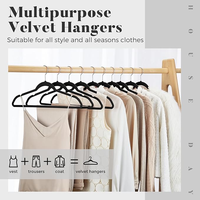 HOUSE DAY Premium Velvet Hangers 30 Pack Black, Non-Slip Flocked Felt Hangers - Image 2