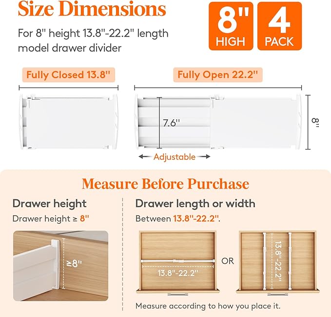 Lifewit 8" Tall 4 Pack Drawer Dividers, 35-56.5cm/13.8-22.2" Expandable Drawer - Image 3