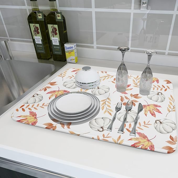 Fall Dish Drying Mat for Kitchen Counter Autumn White Pumpkins Maple Leaves - Image 6