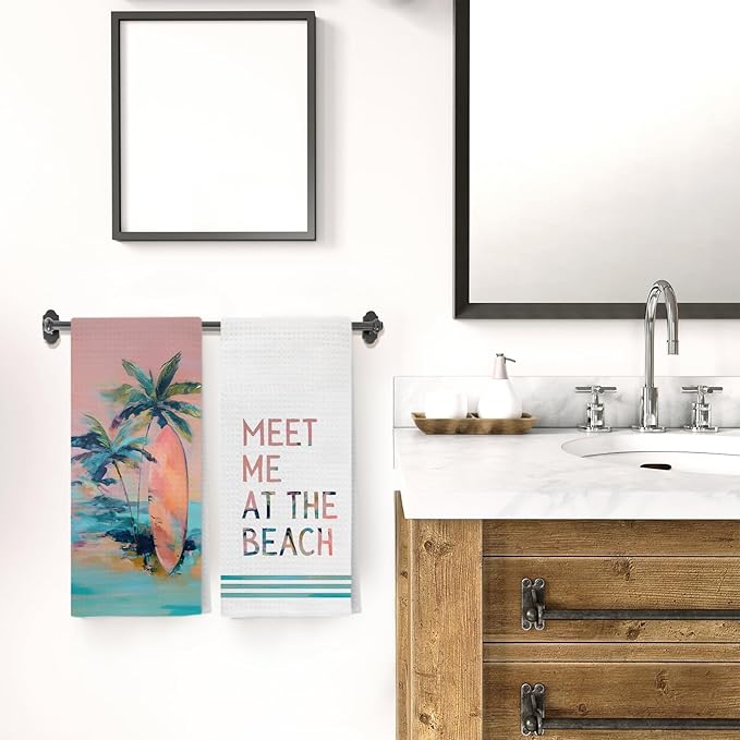 Boho Coastal Beach Kitchen Towels, Meet Me at The Beach Decorative Hand Towels - Image 5
