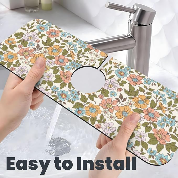 Faucet Draining Mat For Kitchen Sink, Colorful Flowers Floral Diatom Mud - Image 6