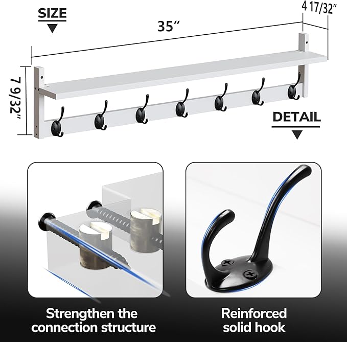 BAMEOS 35" L Wall Hooks with Shelf, Entryway Coat Hooks, Wood Wall Hanging Shelf - Image 3