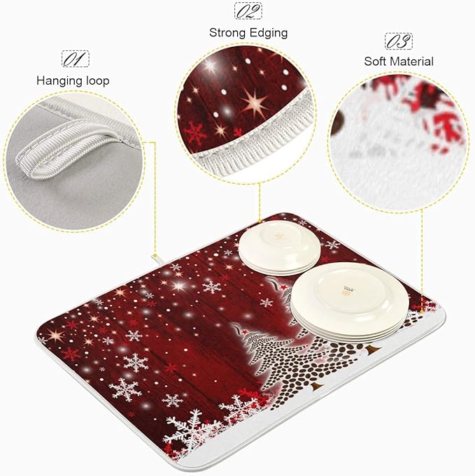 Christmas Tree Dish Drying Mat 18x24 inch Xmas New Year Snowflake Wooden Dish - Image 4