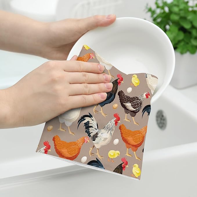Rooster Chicken Dish Towels Set of 2, Absorbent Vintage Decorative Kitchen - Image 4