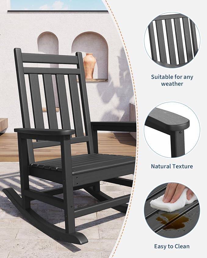GarveeLife Poly Lumber Rocking Chair Outdoor Set of 4 with 2 Side Table - HDPE High Back Porch Rocker Chairs for Adults - All Weather Resistant Furniture for Patio - Black - Image 3