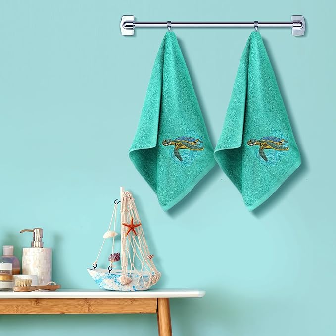 2 Pcs Sea Turtle Hand Towels Teal Bathroom Decor 14x29 Inch Embroidered 100% - Image 2