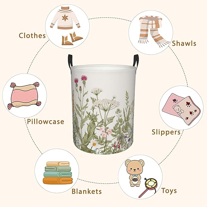 Laundry Hamper, Retro Wild Flowers Botanical Laundry Basket, Waterproof - Image 7