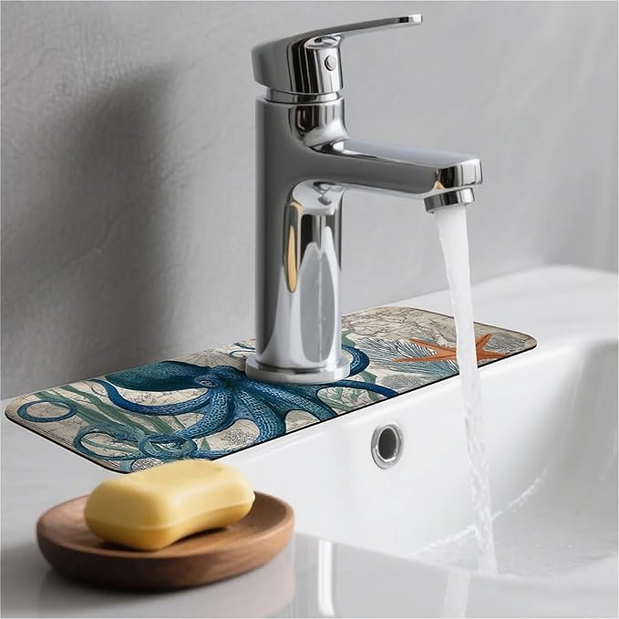 Kitchen Sink Splash Guard，Blue-octopus Faucet Mat Sink Gadgets-Super Absorbent - Image 2
