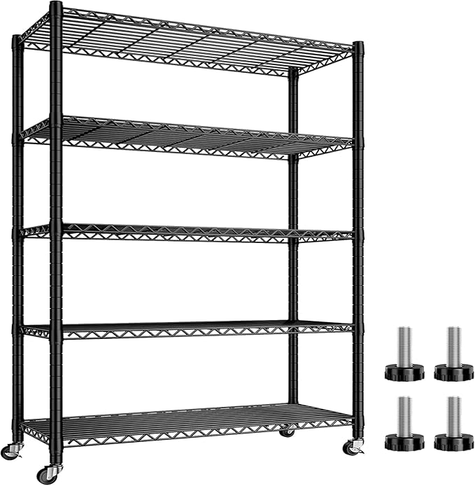 Xcity Storage Shelves, 5 Tier Heavy Duty Metal Shelving Unit with Wheels, 2500 LBS Capacity Adjustable Steel Wire Shelf Organizer for Pantry, Kitchen, Garage, 18" D x 48" W x 72" H, Black by Unknown