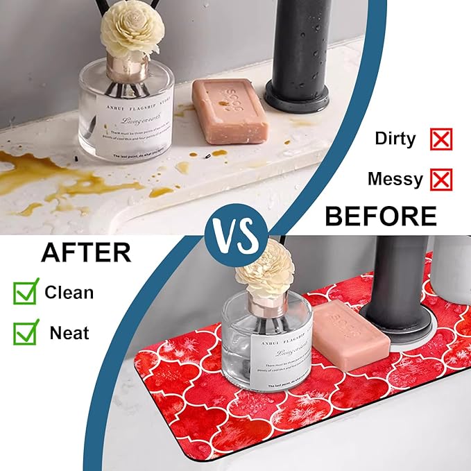 Watercolor Moroccan Marbled Kitchen Sink Splash Guard Faucet Mat Red Tiles - Image 6