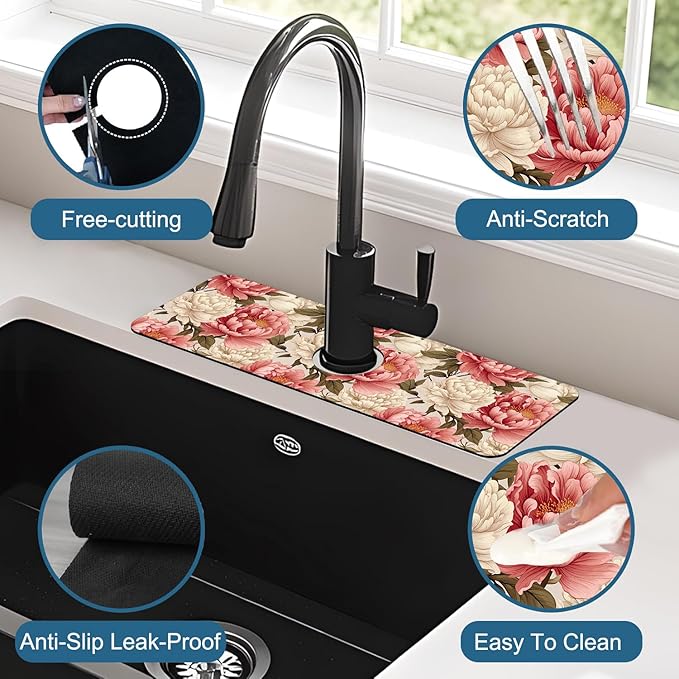 Beautiful Peony Sink Splash Guard Bright Peonies Faucet Absorbing Mat Fast - Image 4