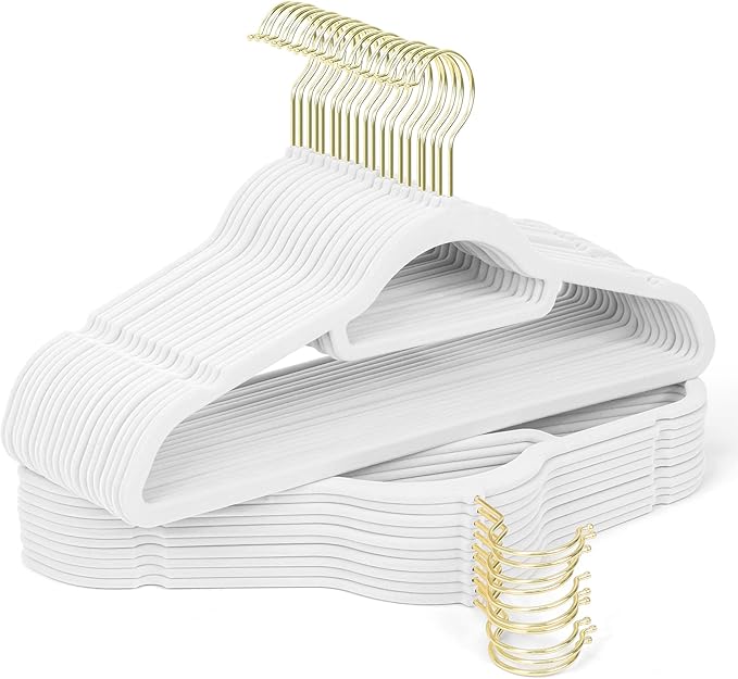 Velvet Hangers 30 Pack with Gold Hooks, Non-Slip Slim Felt Hanger by Sishynio