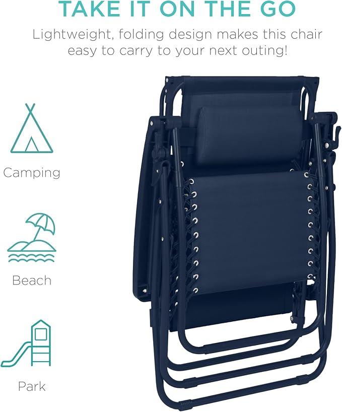 Best Choice Products Folding Zero Gravity Outdoor Recliner Patio Lounge Chair w/Adjustable Canopy Shade, Headrest, Side Accessory Tray, Textilene Mesh - Navy - Image 7