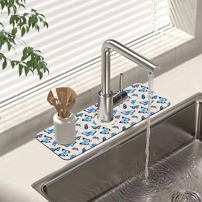 Sink Splash Guard Faucet Mat Watercolor Butterflies Absorbent Fast Drying Mat by Unknown