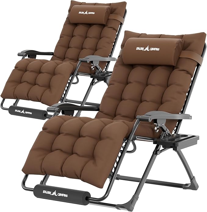 UDPATIO Oversized Zero Gravity Chair Set of 2, 29In XL Patio Reclining Chair with Cushion, Outdoor Folding Recliner with Pillows|Cup Holder|Foot Rest|Padded Headrest, Brown, Support 500LB by UDPATIO