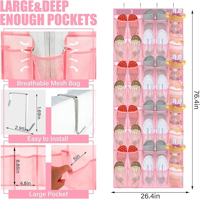 Windyun 40 Over the Door Shoe Organizer Large Breathable Mesh Pockets Pink - Image 3