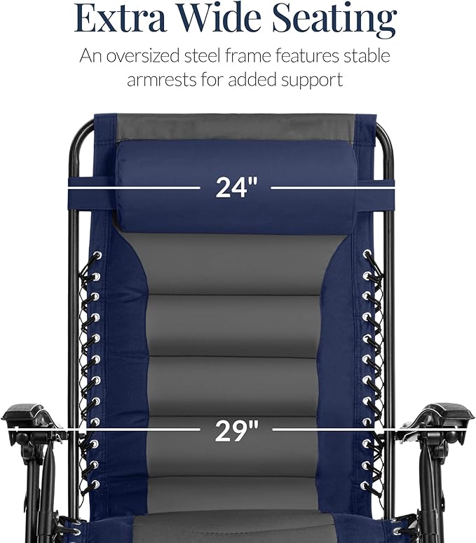 Best Choice Products Oversized Padded Zero Gravity Chair, Folding Outdoor Patio Recliner, XL Anti Gravity Lounger for Backyard w/Headrest, Cup Holder, Side Tray, Polyester Mesh - Navy/Gray - Image 4