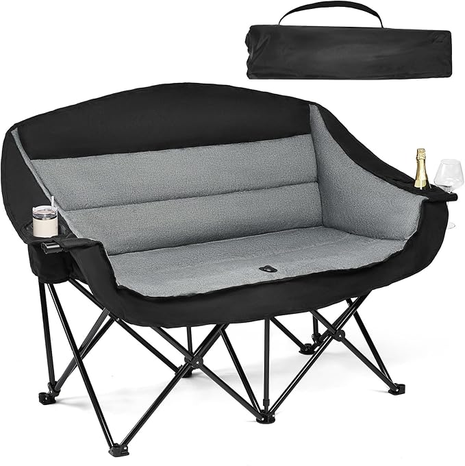 Double Camping Chair Loveseat - 2 Person Oversized Camping Couch for Adults Padded Heavy Duty Outdoor Lawn Beach Portable Folding XL Chairs with Cup Holders and Carry Bag Support 600lbs, Black/Grey by PUVASIA