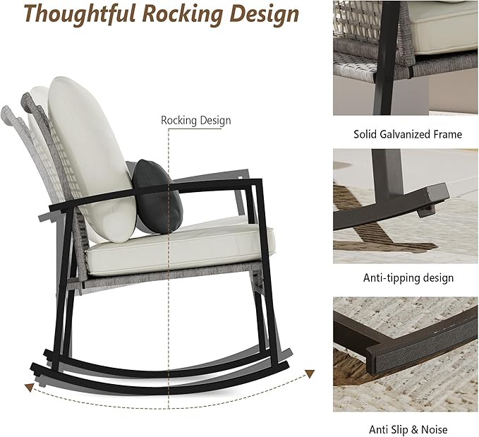 3 Piece Patio Rocking Chairs Set of 2, Outdoor Rocking Chair Bistro Set with Tempered Glass Coffee Table and Thick Lumbar Pillow Set, Front Porch Chairs for Garden, Backyard (Gray Rattan) - Image 4