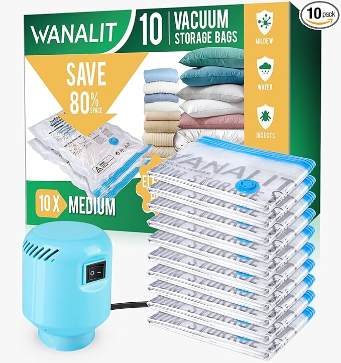 Vacuum Storage Bags with Electric Pump, 10 Pack Medium Size（28"x 18"） Reusable by WANALIT