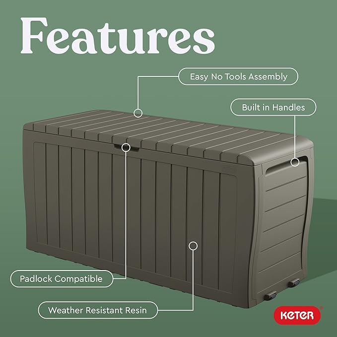Keter Marvel Plus 71 Gallon Resin Outdoor Storage Box for Patio, Balcony & Garden – Weather‑Resistant Deck Box for Cushions, Pillows, Pool Floats & Tools, Mossy Brown - Image 4