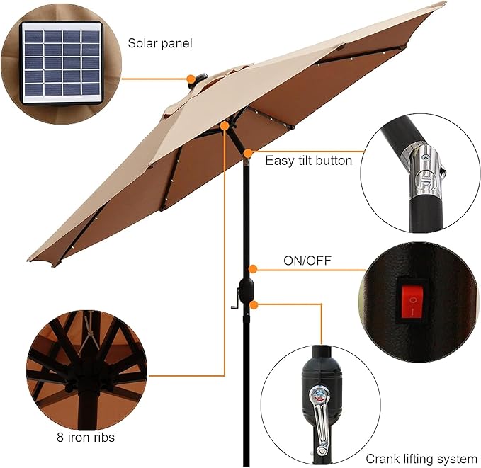 Blissun 9 ft Solar Umbrella, 32 LED Lighted Patio Umbrella, Table Market Umbrella, Outdoor Umbrella for Garden, Deck, Backyard, Pool and Beach (Tan) - Image 2