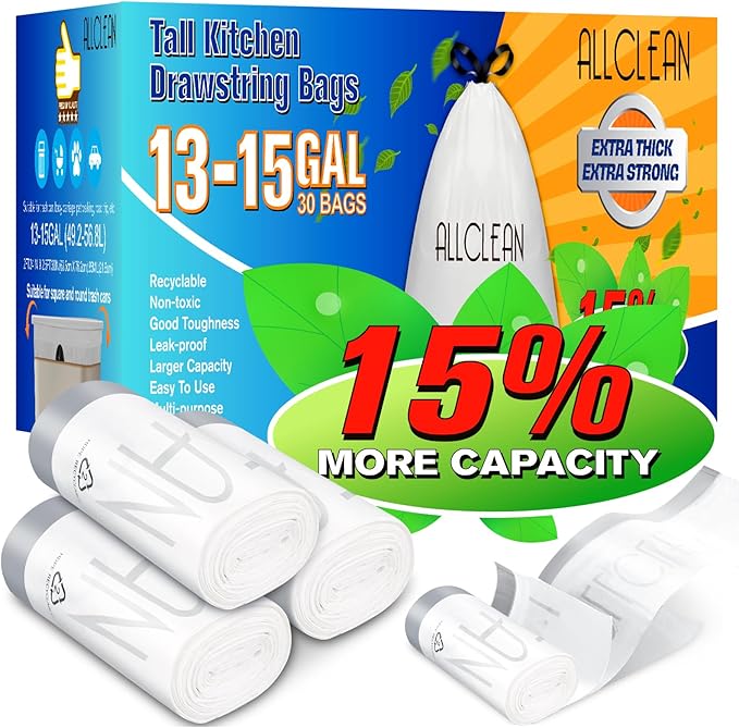 Allclean 13 To 15 Gallon Trash Bags, Tall Kitchen Garbage Bags Drawstring - Image 4