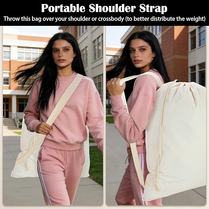Canvas Laundry Bag with shoulder Strap 24"W x 29"H, Large Drawstring Dirty - Image 5
