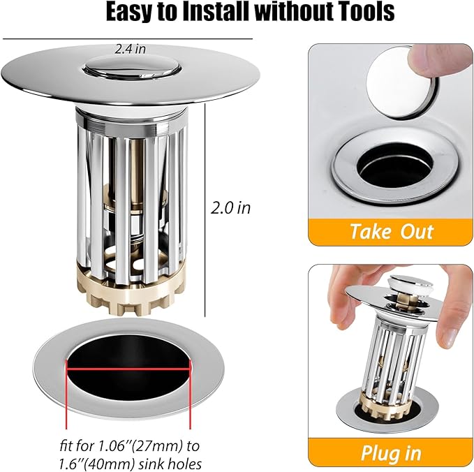 Bathroom Sink Drain Strainer, 3 in 1 Pop Up Bathroom Sink Stopper - Image 4