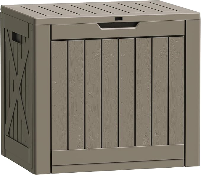 Flamaker Resin Deck Box 40 Gallon Waterproof Outdoor Indoor Storage Box Imitation Wood Resin for Patio Furniture Garden Tools and Pool (Brown) by Flamaker
