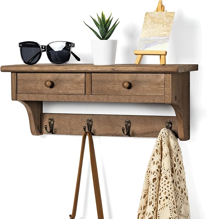 Emfogo Coat Hooks Mounted, Rustic Wood Coat Rack Mount Shelf - Image 2