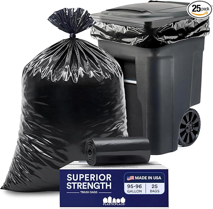 Plasticplace 95-96 Gallon Garbage Can Liners │ 2 Mil │ Black Heavy Duty Trash by Plasticplace