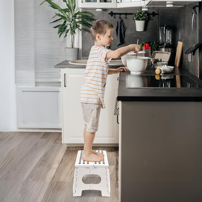 Delxo 9 Inch Folding Step Stool for Kids and Adults,15-Inch Extra Wide Height Large Platform Heavy Duty Stepping Stool More Safe and Comfortable Non Slip Foldable Step Stool White - Image 2