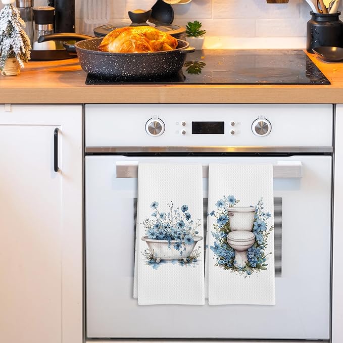 Blue Floral Hand Towels for Bathroom Set of 2, Flower Botanical Dish Tea - Image 2