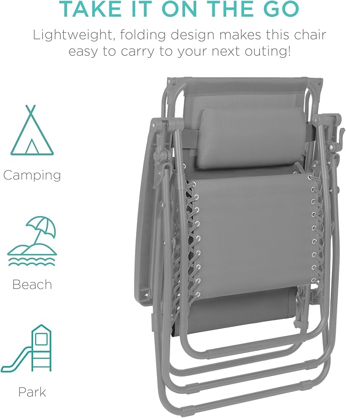 Best Choice Products Folding Zero Gravity Outdoor Recliner Patio Lounge Chair w/Adjustable Canopy Shade, Headrest, Side Accessory Tray, Textilene Mesh - Dove Gray - Image 7
