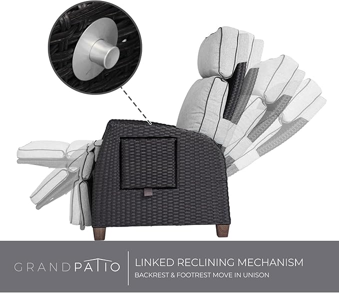 Grand patio Outdoor Reclining Chairs with Extended Footrest 2-Piece Adjustable Patio Wicker,Lounge Recliner up to 150° with Flip Side Table Griege - Image 3