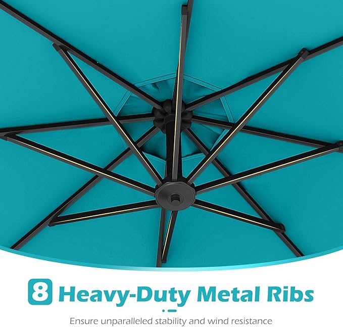 Tangkula 10ft Solar LED Patio Umbrella with Base, Offset Cantilever Outdoor Umbrella with 32 LED Lights, Infinite Tilt, 360 Degree Rotation, Crank Handle for Pool Deck Garden Backyard (Turquoise) - Image 9
