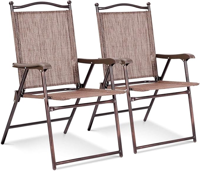 Giantex Set of 2 Patio Folding Chairs, Outdoor Patio Dining Chairs w/Armrest, Sling Back, Metal Frame, Outside Use for Lawn Camping Garden Pool Beach Yard Lounge, No Assembly, Brown by Giantex
