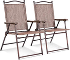 Giantex Set of 2 Patio Folding Chairs, Outdoor Patio Dining Chairs w/Armrest, Sling Back, Metal Frame, Outside Use for Lawn Camping Garden Pool Beach Yard Lounge, No Assembly, Brown by Giantex